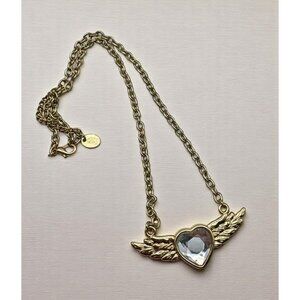 Winged Heart Pendant Necklace Gold Tone Chain with Rhinestone Center DS
